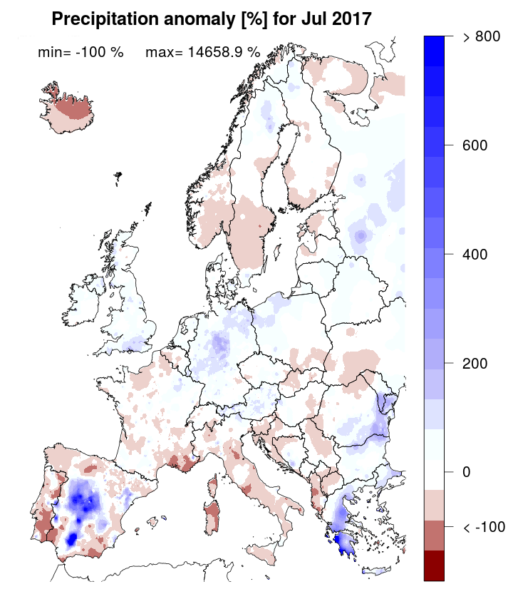 Precipitation anomaly [%] for July 2017, relative to a long-term average (1990-2013). Blue (red) denotes wetter (drier) conditions than normal