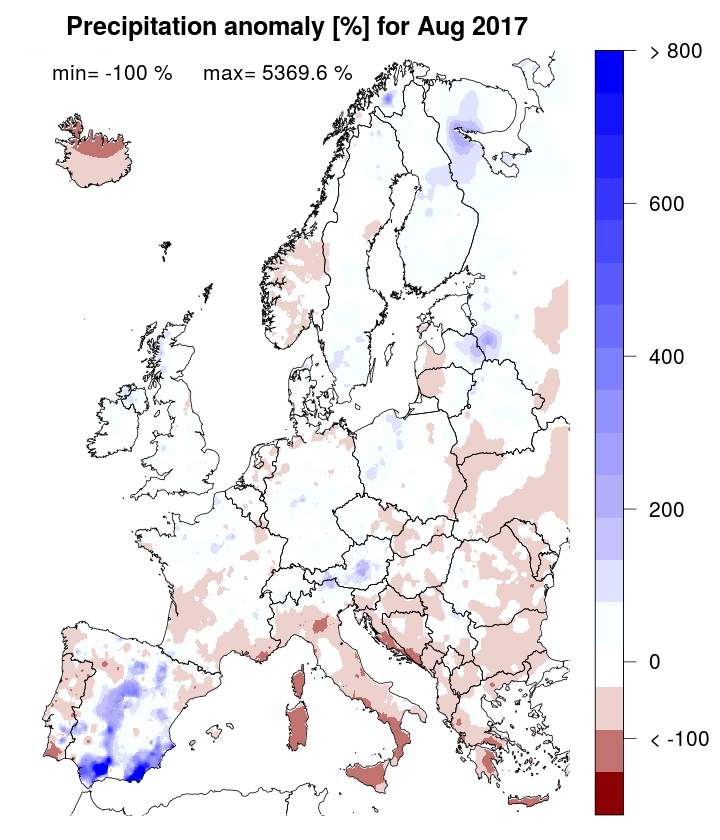 Precipitation anomaly [%] for August 2017, relative to a long-term average (1990-2013). Blue (red) denotes wetter (drier) conditions than normal