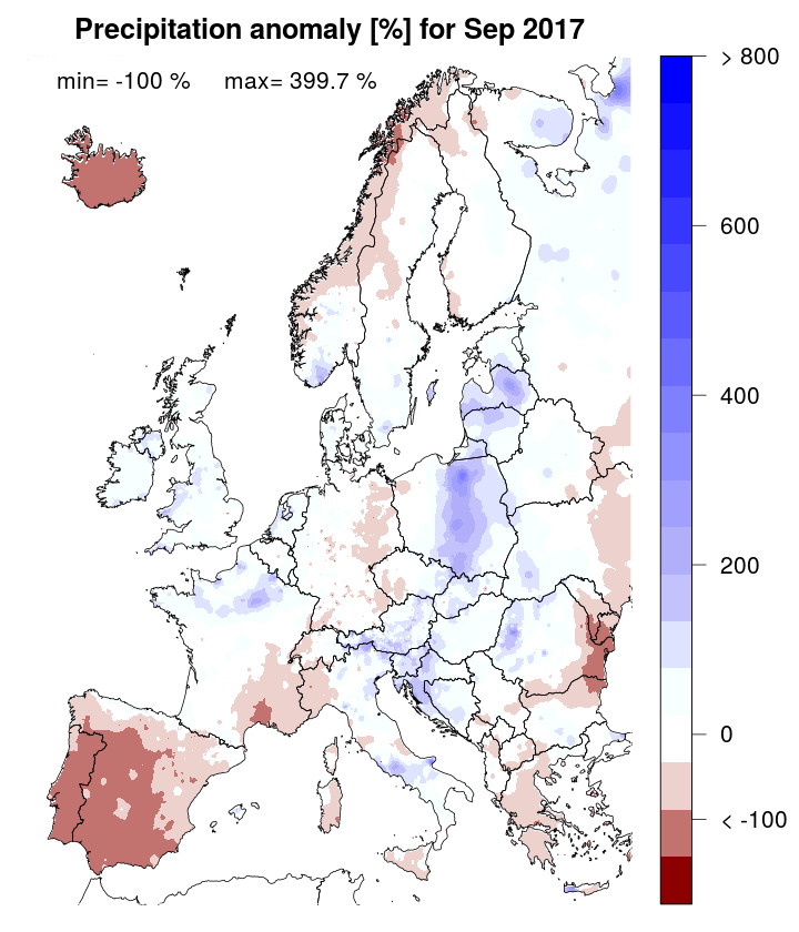 Precipitation anomaly [%] for September 2017, relative to a long-term average (1990-2013). Blue (red) denotes wetter (drier) conditions than normal