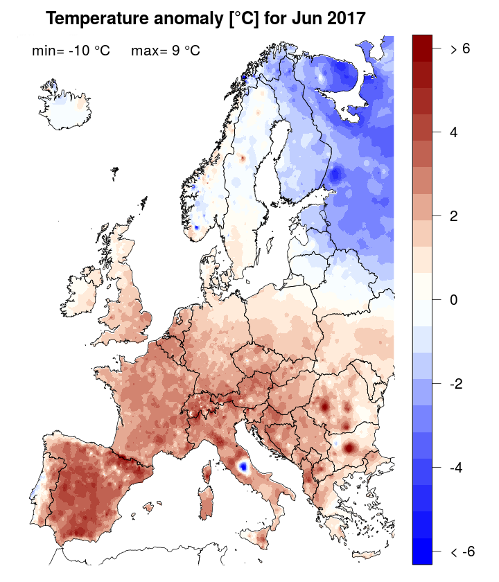  Temperature anomaly [°C] for June 2017, relative to a long-term average (1990-2013). Blue (red) denotes colder (warmer) temperatures than normal