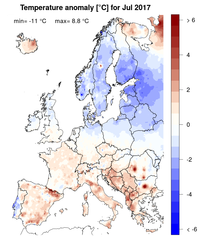 Temperature anomaly [°C] for July 2017, relative to a long-term average (1990-2013). Blue (red) denotes colder (warmer) temperatures than normal