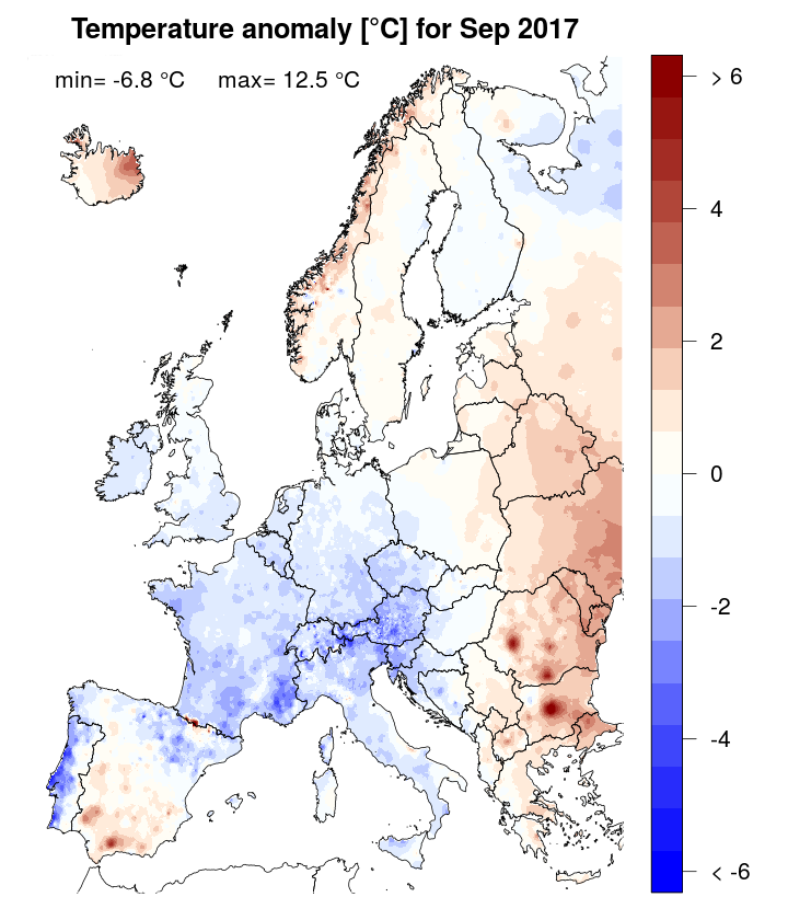 Temperature anomaly [°C] for September 2017, relative to a long-term average (1990-2013). Blue (red) denotes colder (warmer) temperatures than normal