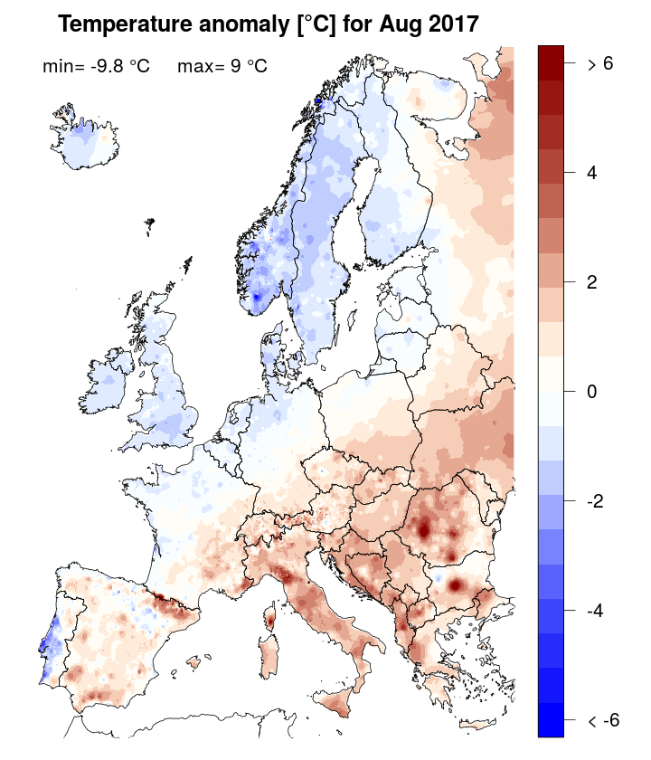 Temperature anomaly [°C] for August 2017, relative to a long-term average (1990-2013). Blue (red) denotes colder (warmer) temperatures than normal