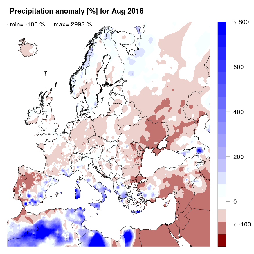 Figure 2. Precipitation anomaly [%] for August 2018, relative to a long-term average (1990-2013). Blue (red) denotes wetter (drier) conditions than normal.