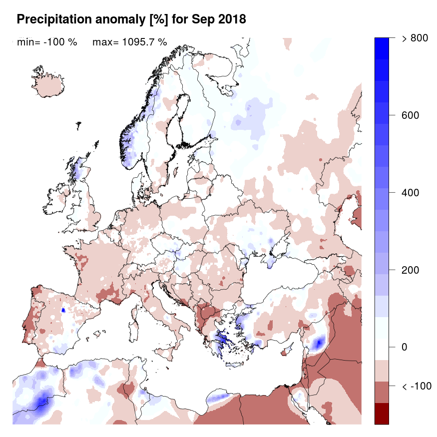 Figure 2. Precipitation anomaly [%] for September 2018, relative to a long-term average (1990-2013). Blue (red) denotes wetter (drier) conditions than normal.
