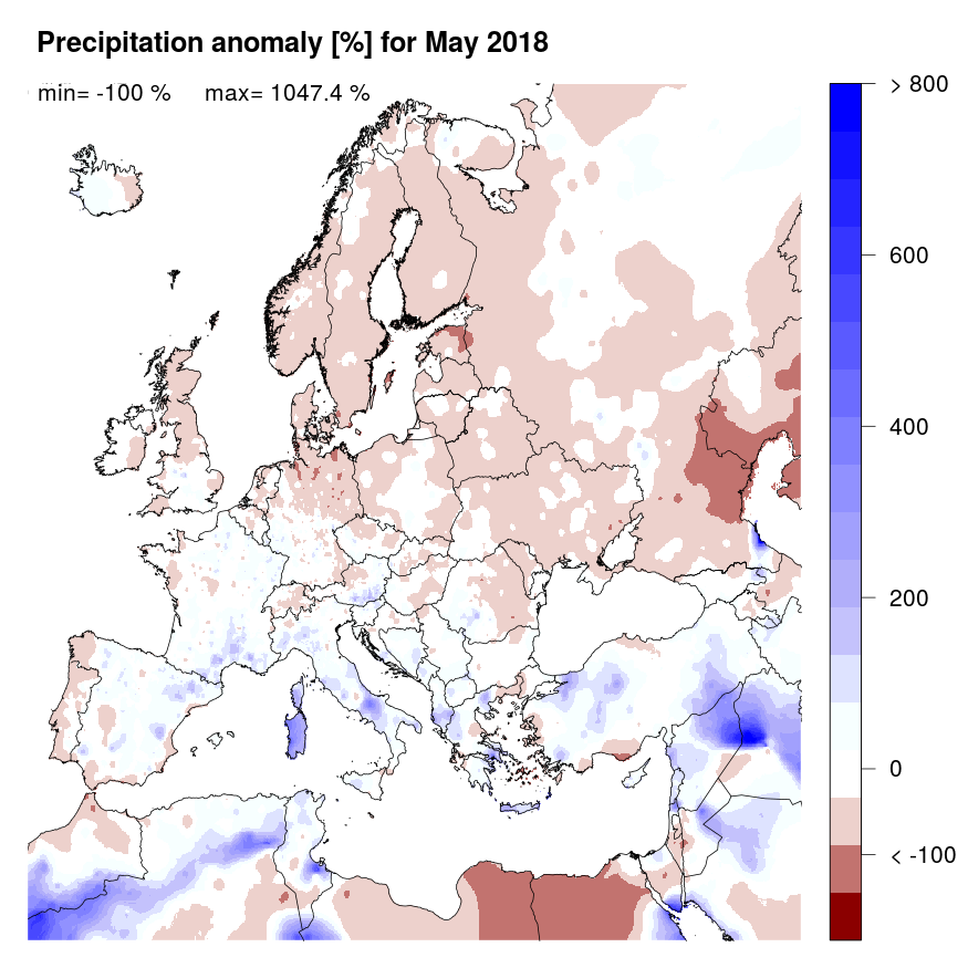 Figure 2. Precipitation anomaly [%] for May 2018, relative to a long-term average (1990-2013). Blue (red) denotes wetter (drier) conditions than normal.