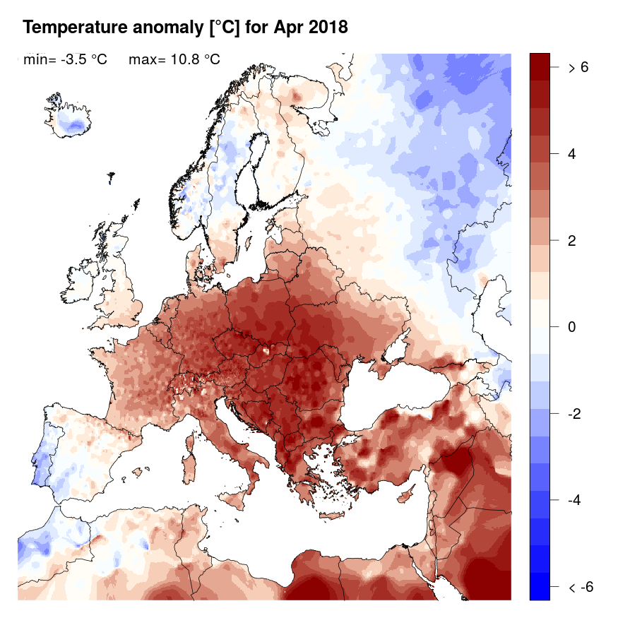 Figure 4. Temperature anomaly [°C] for April 2018, relative to a long-term average (1990-2013). Blue (red) denotes colder (warmer) temperatures than normal.