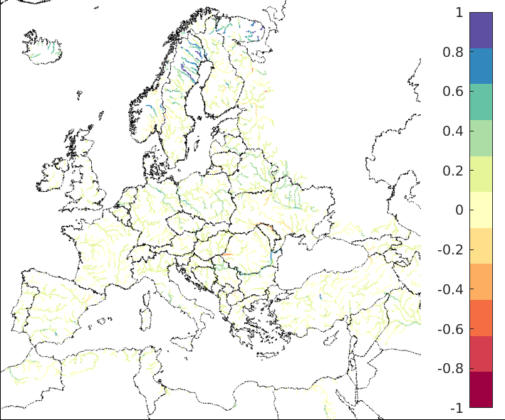 Figure 4. EFAS CRPSS at lead-time 10 days for December 2022, for all catchments. The reference score is persistence.