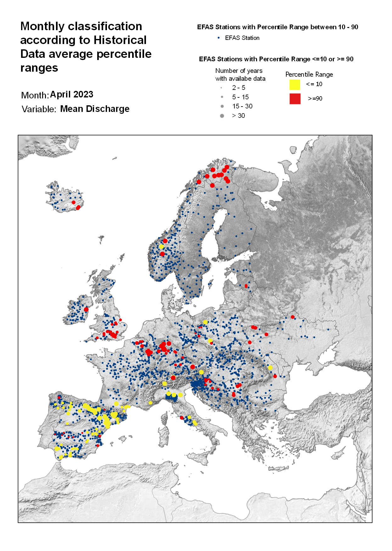 Figure 3. Classification of stations according to discharge historical data average percentile ranges for April 2023