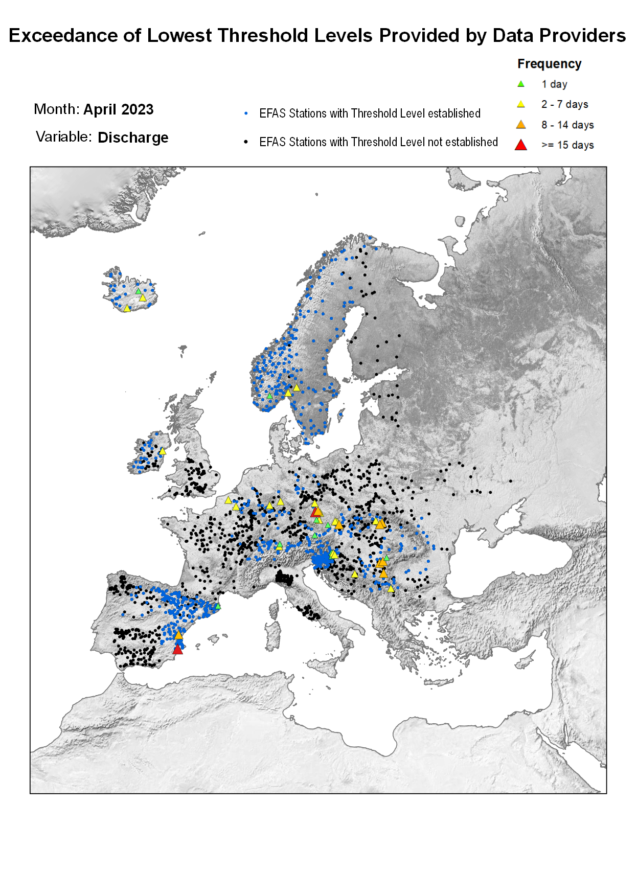 Figure 1. Exceedance of lowest discharge threshold level for April 2023