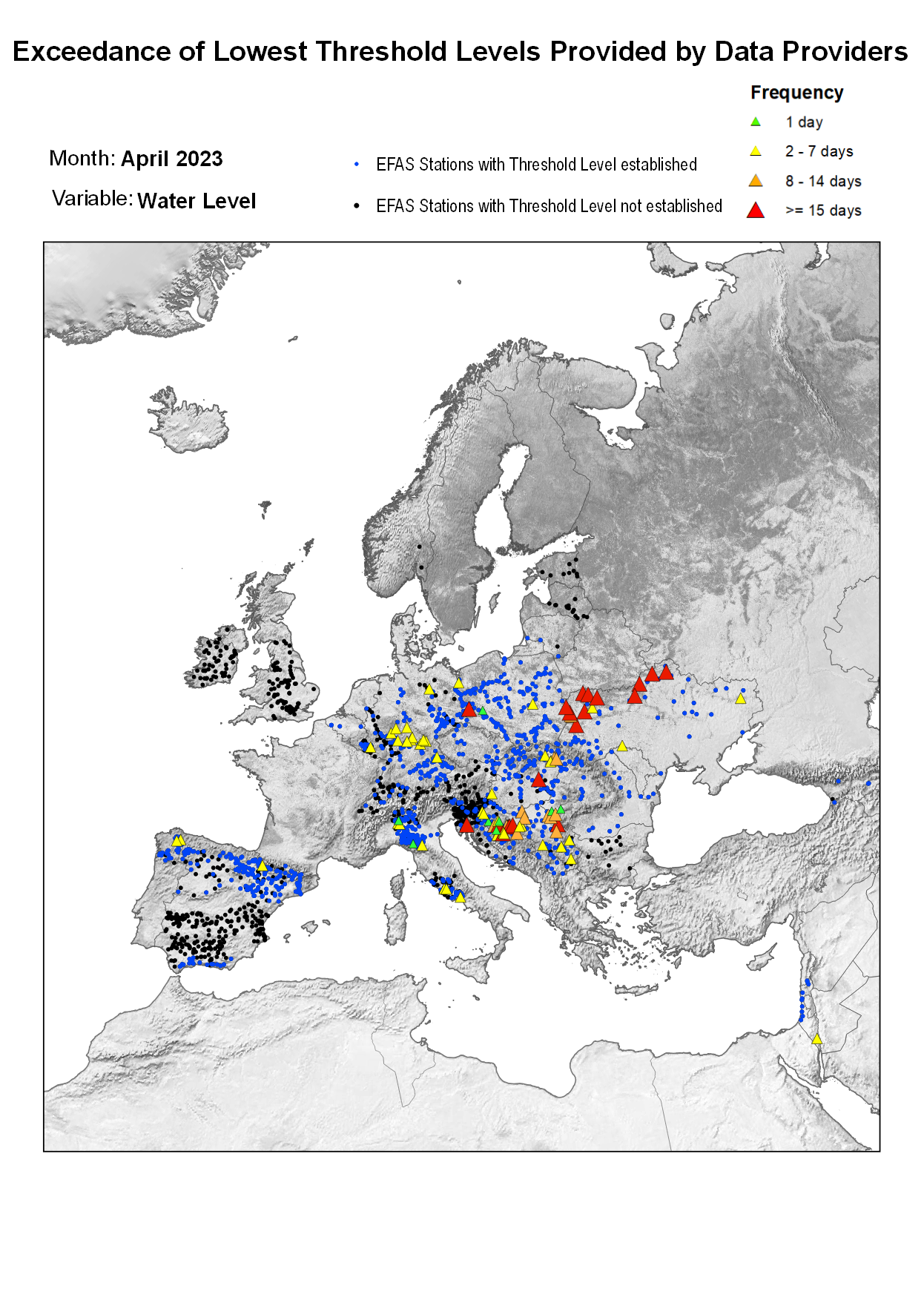 Figure 2. Exceedance of lowest water level threshold level for April 2023