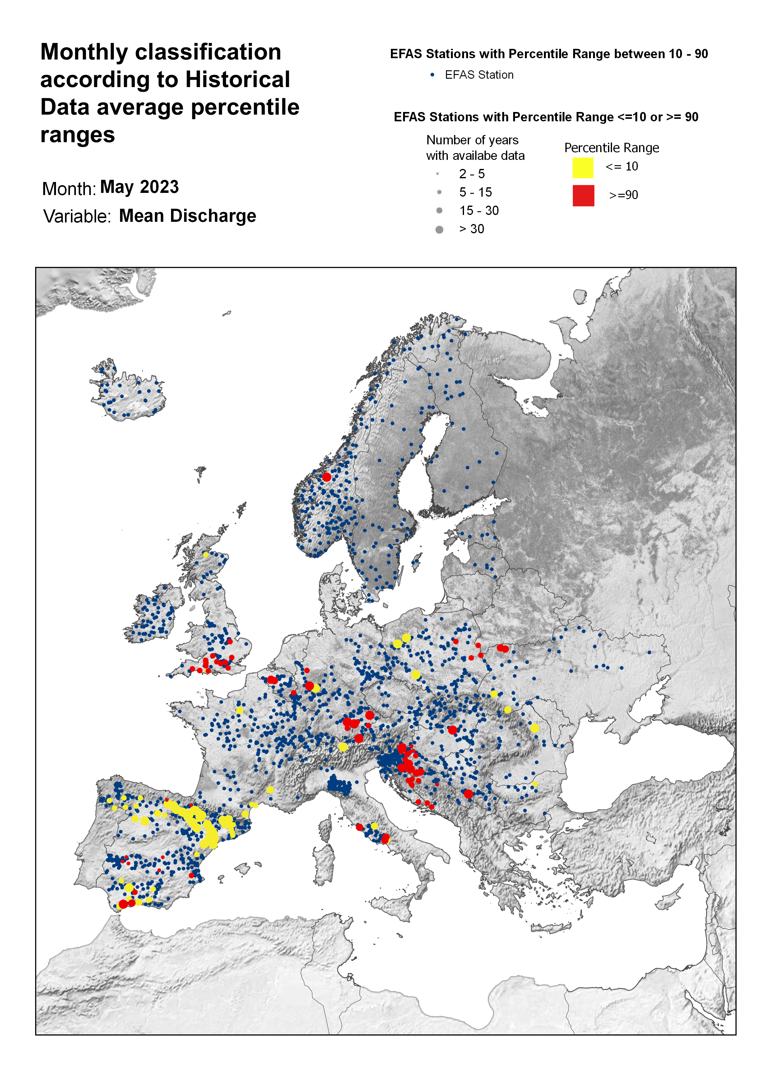 Figure 3. Classification of stations according to discharge historical data average percentile ranges for May 2023.