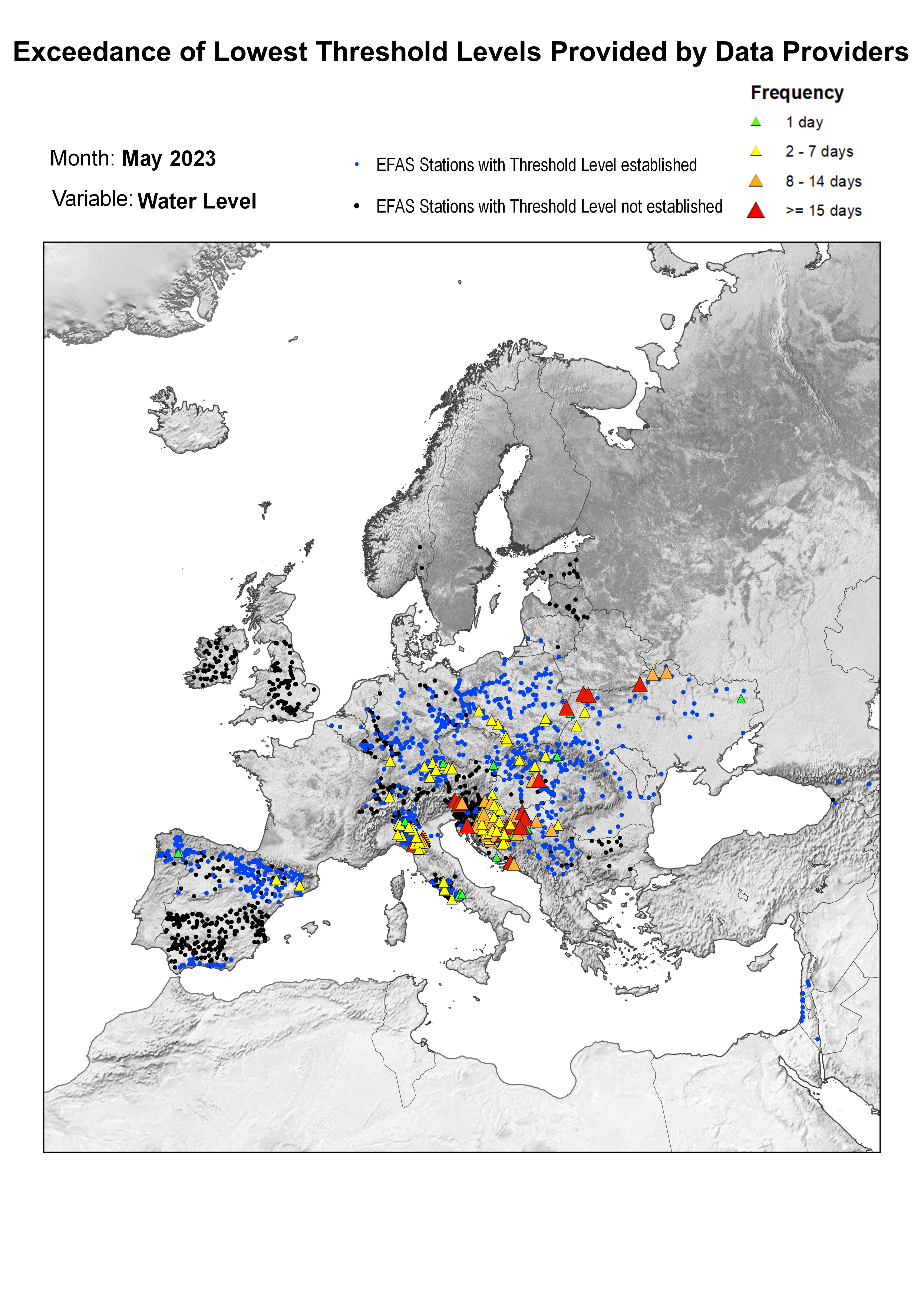 Figure 2. Exceedance of lowest water level threshold level for May 2023.