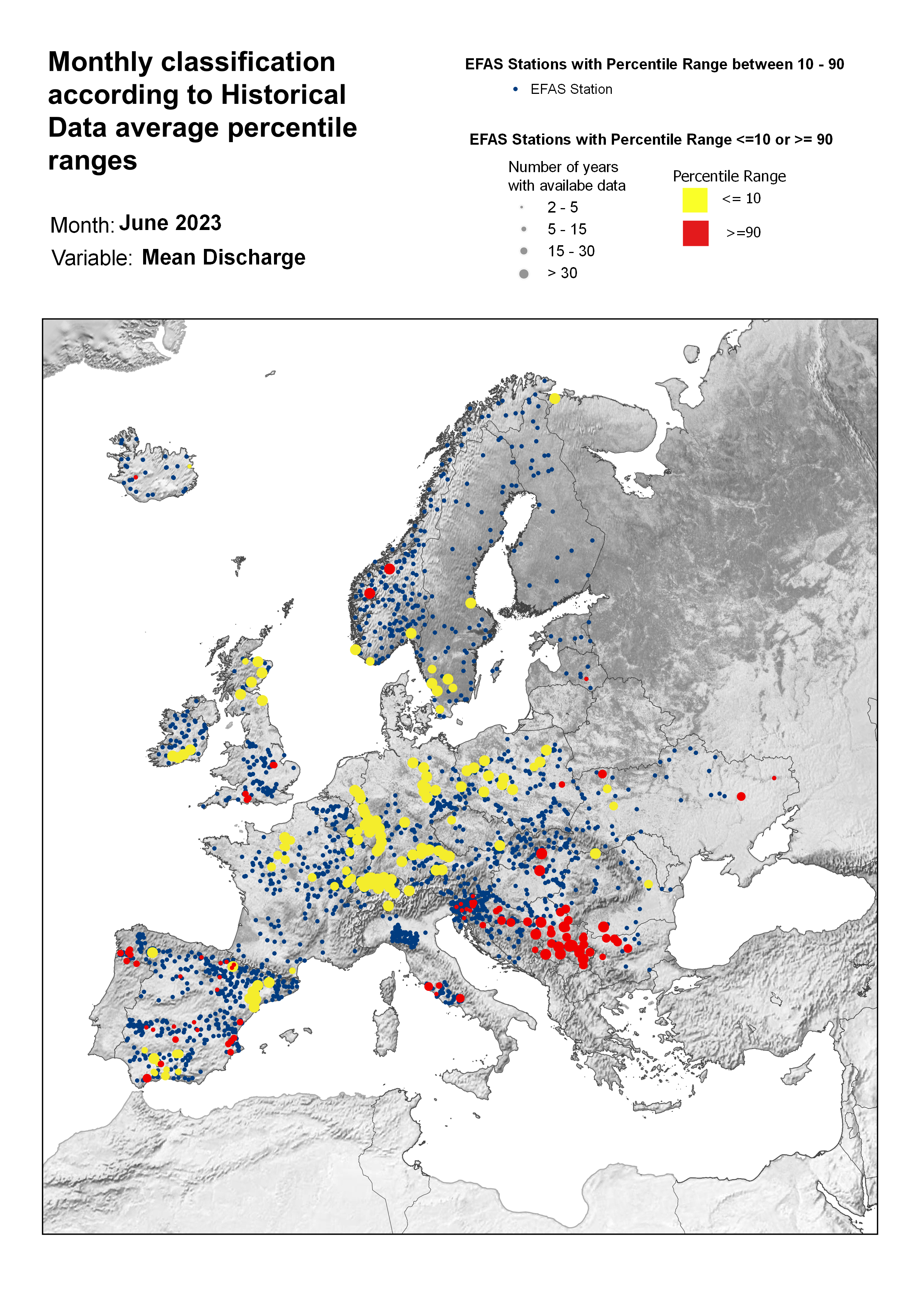 Figure 3. Classification of stations according to discharge historical data average percentile ranges for June 2023.