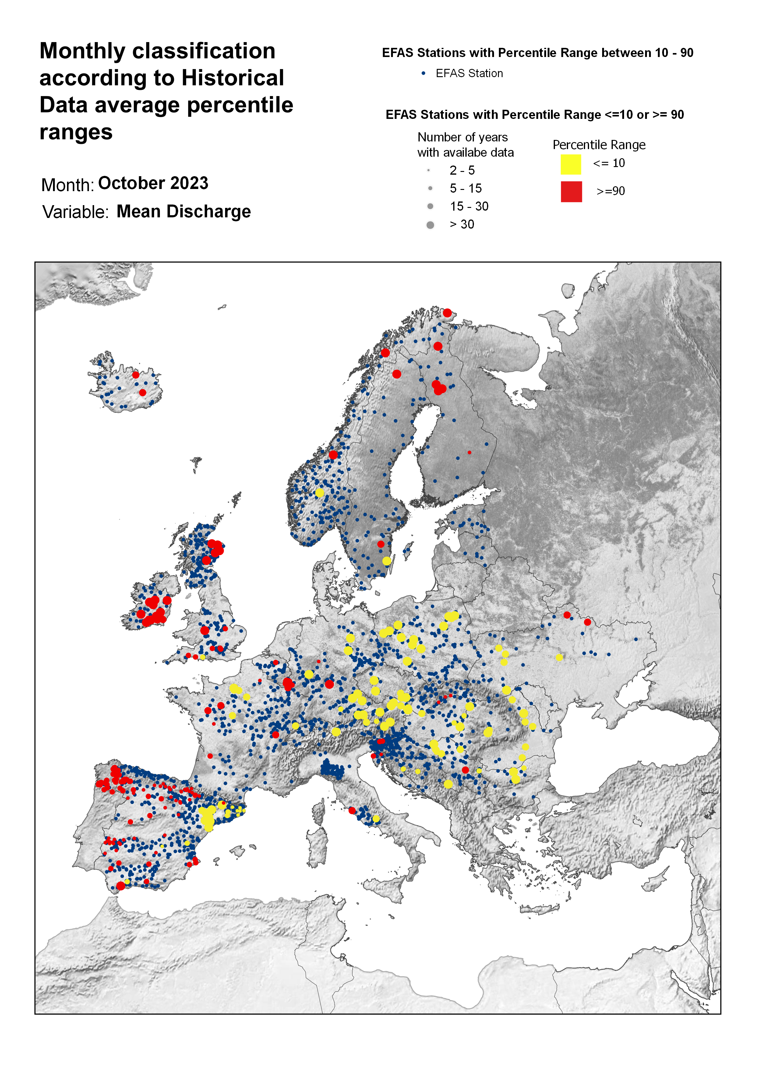 Figure 3. Classification of stations according to discharge historical data average percentile ranges for October 2023