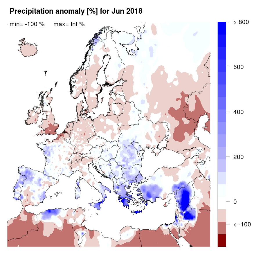 Figure 2. Precipitation anomaly [%] for June 2018, relative to a long-term average (1990-2013). Blue (red) denotes wetter (drier) conditions than normal.