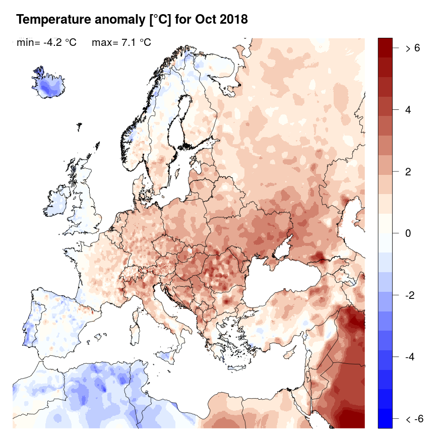 Figure 4. Temperature anomaly [°C] for October 2018, relative to a long-term average (1990-2013). Blue (red) denotes colder (warmer) temperatures than normal.