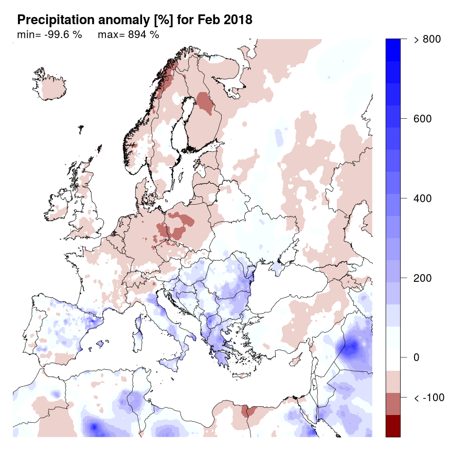 Figure 2. Precipitation anomaly [%] for February 2018, relative to a long-term average (1990-2013). Blue (red) denotes wetter (drier) conditions than normal