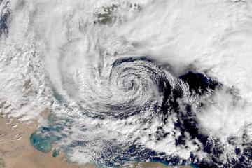 A true-colour image of Mediterranean Cyclone Helios near Malta during the morning on 10 February 2023 by the Ocean and Land Colour Instrument (OLCI) aboard European Space Agency's Sentinel-3A satellite.